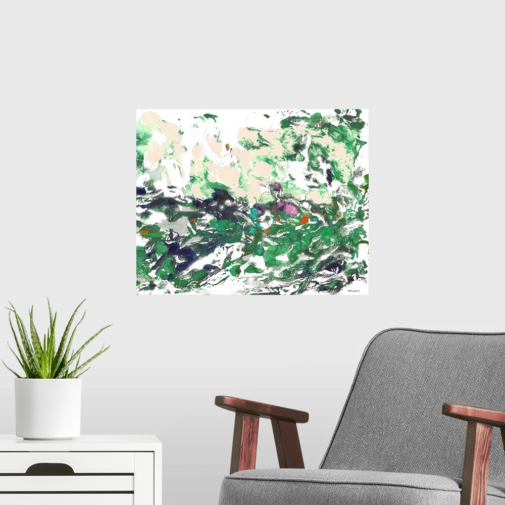 A modern room featuring Pink and Green Gardens by RD Riccoboni, an abstract painting.