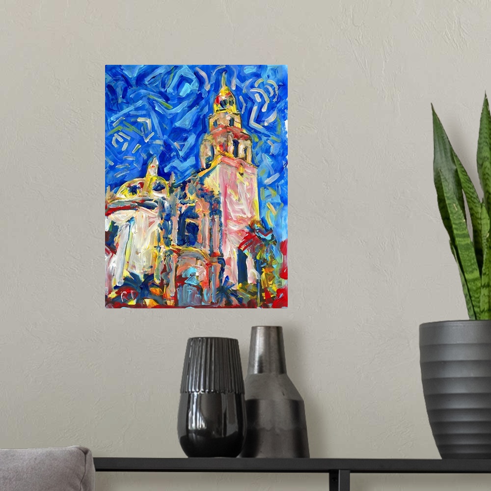 A modern room featuring Balboa Park, San Diego, California Tower, painting by RD Riccoboni, Contemporary art with broad b...