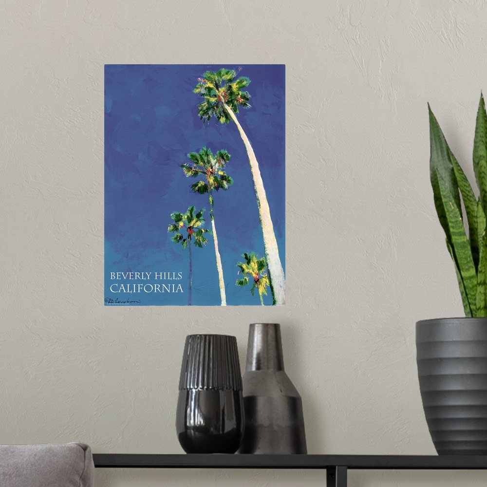 A modern room featuring Beverly Hills, California. Painting by RD Riccoboni.  Blue sky and towering palm trees line the f...