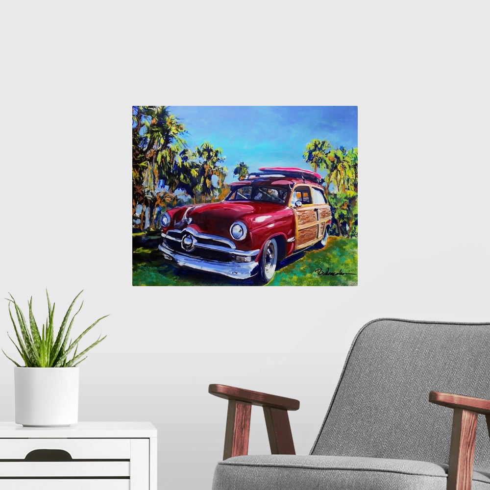 A modern room featuring The classic California Woodie car, painting by Rd Riccoboni.