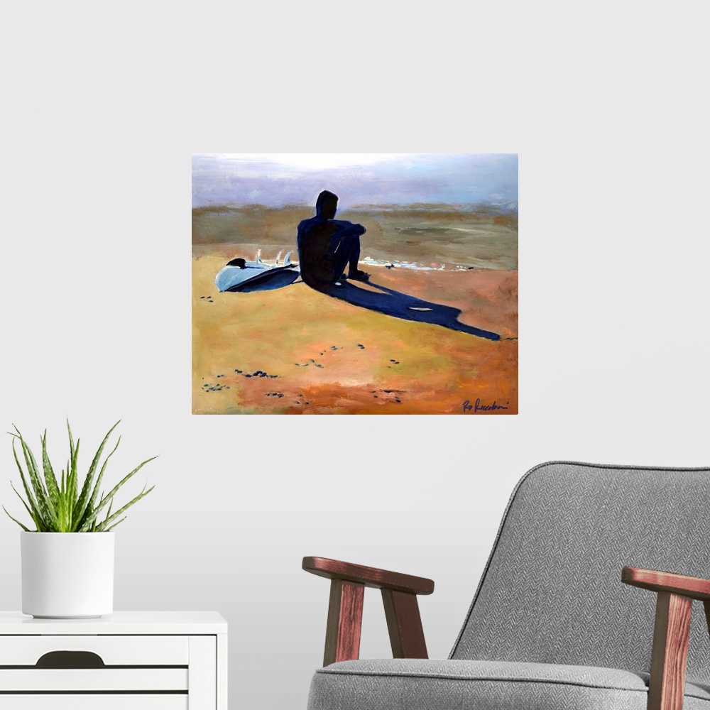 A modern room featuring Painting of a surf board and shadow of the surfer sitting on the beach as the light reflects of t...