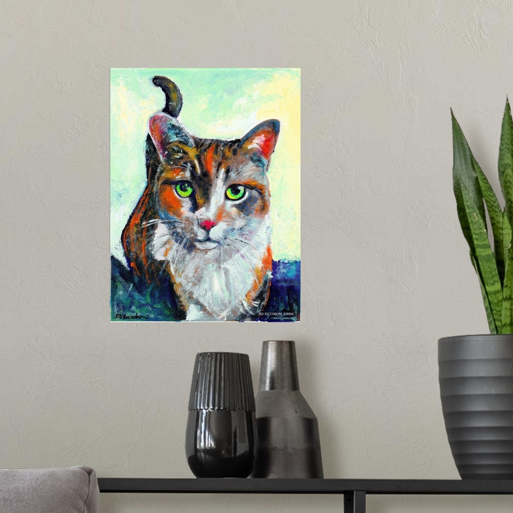 A modern room featuring Hello There, Cat Portrait of Kate by RD Riccoboni, A calico tabby. A calico cat is not a breed of...