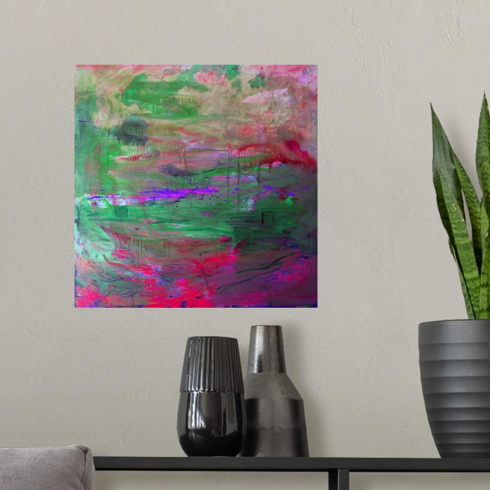 A modern room featuring Red Waterlilies Balboa Park San Diego. Abstract painting by RD Riccoboni.  Red, greens, purples d...