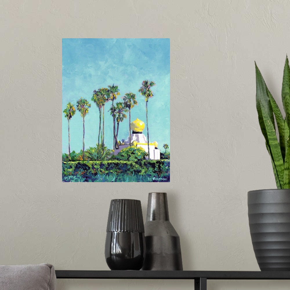 A modern room featuring Painting of the Meditation Gardens at Swami's in Encinitas, California with palm trees surroundin...