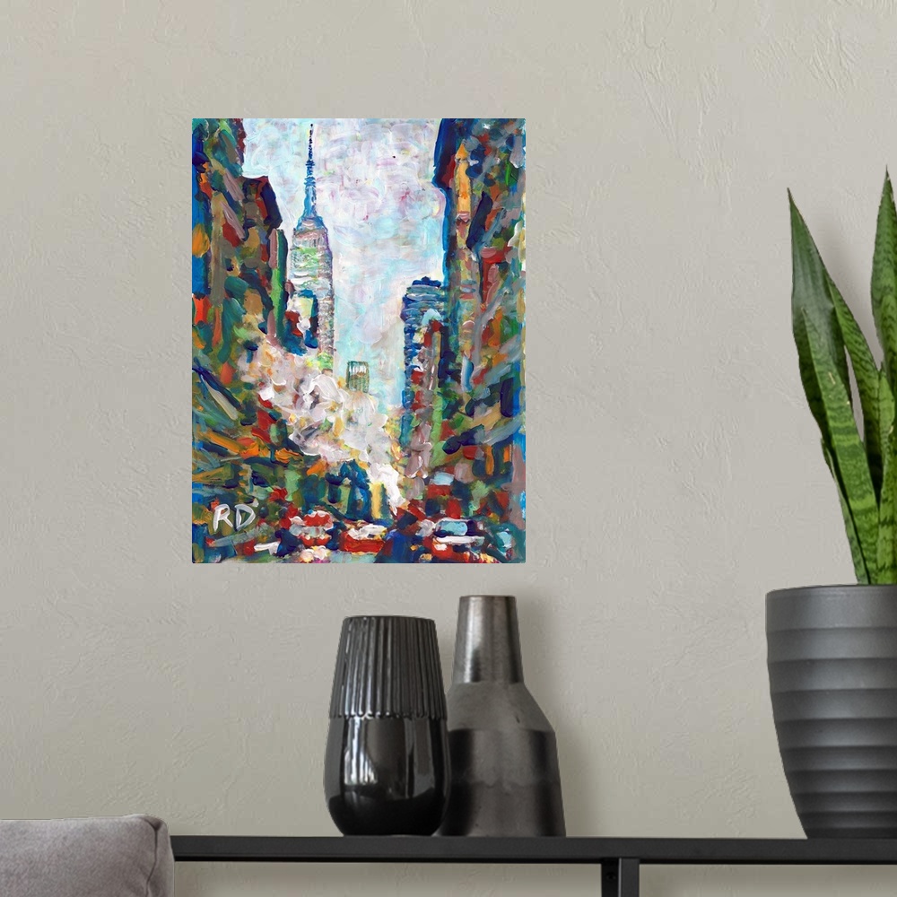 A modern room featuring NYC, Winter Steam on Fifth Avenue with Empire State Building by RD Riccoboni, Abstract painting o...