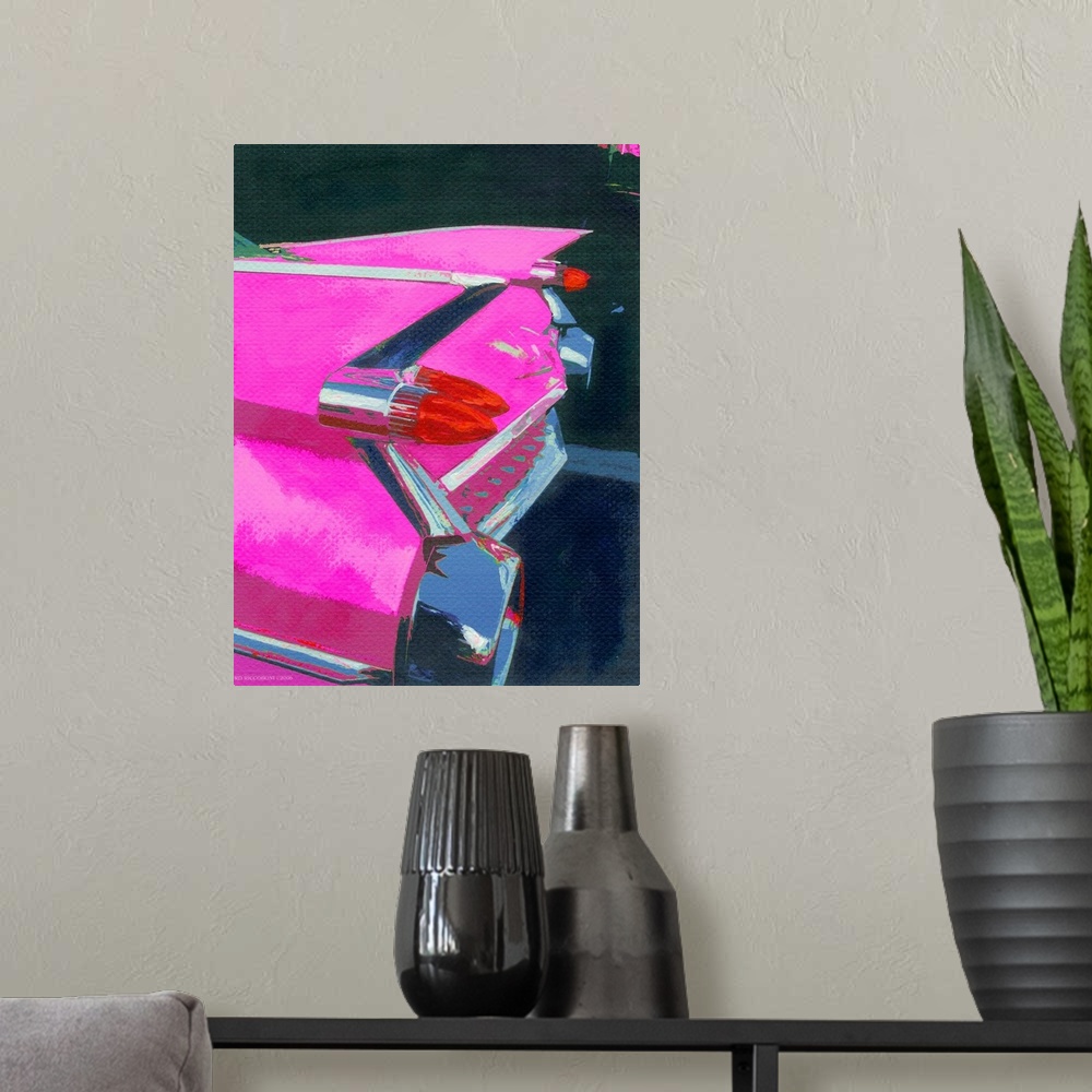 A modern room featuring Pink-Fin Painting by RD Randy Riccoboni.  An Automotive portrait of a Cadillac in bright Pink off...