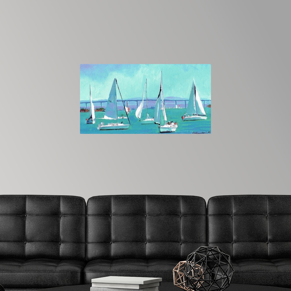 A modern room featuring Contemporary painting of boats sailing by the Coronado Bridge in San Diego Bay.