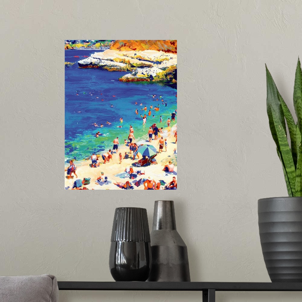 A modern room featuring Summer at The La Jolla Cove, San Diego by RD Riccoboni. Beach crowd enjoying the shore and crysta...