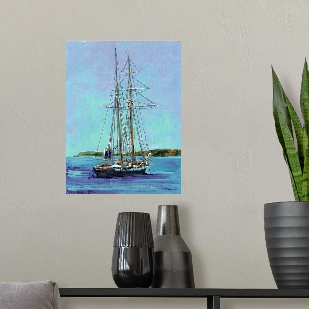 A modern room featuring The Californian - Tallship by RD Riccoboni- in San Diego Bay with Point Loma beyond.  The Califor...