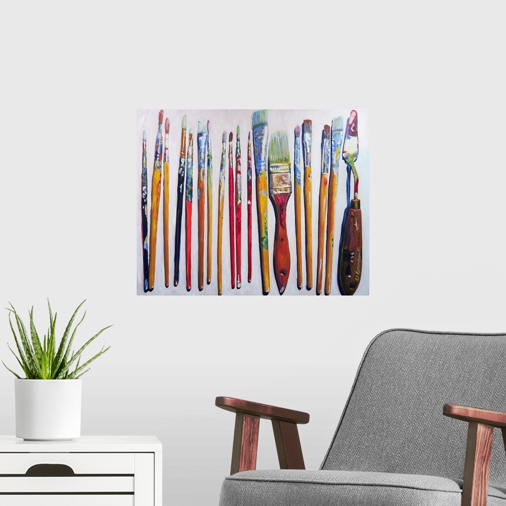 A modern room featuring Contemporary painting of well used paint brushes and a palette knife on a white background.