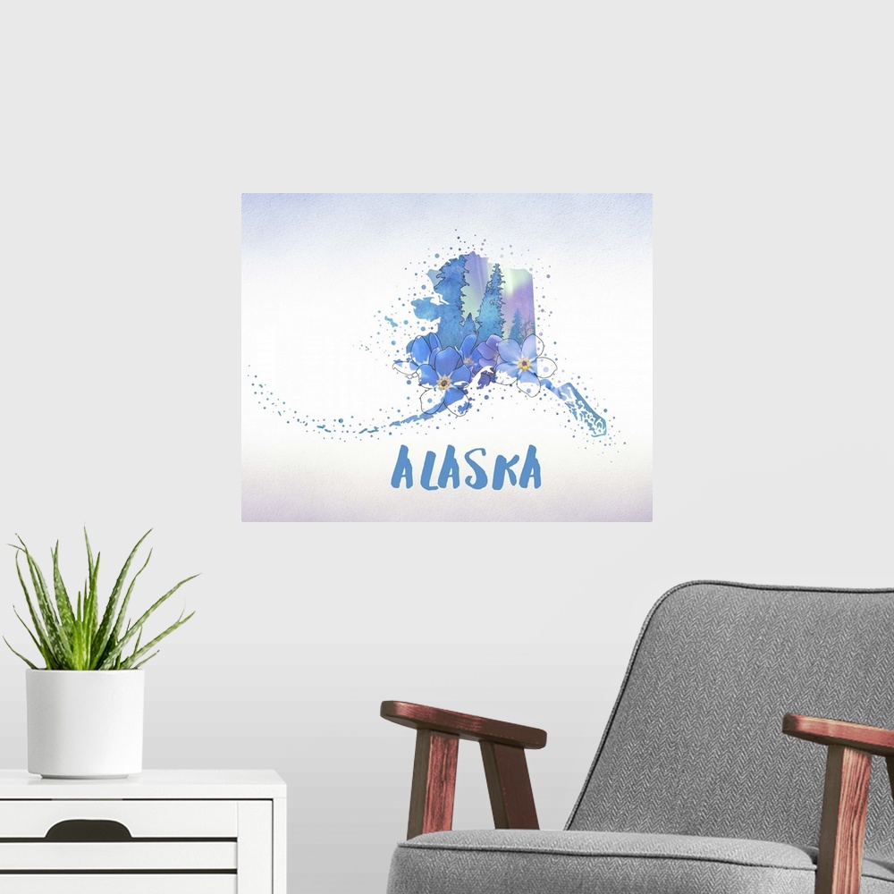 A modern room featuring Outline of the state of Alaska filled with its state flower, the Forget-Me-Not.