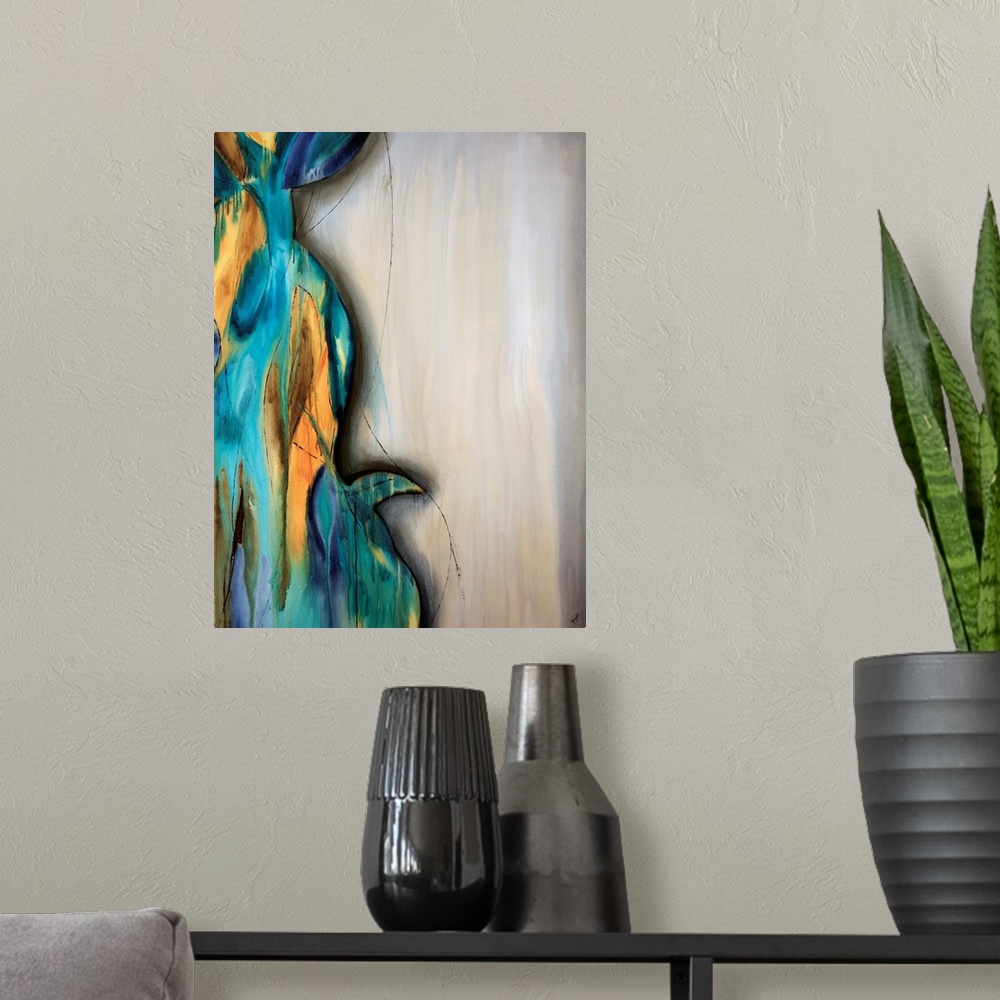 A modern room featuring Vertical abstract artwork created by a contemporary artist. Two different color palettes and text...