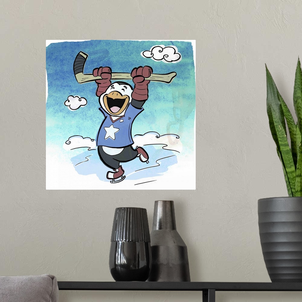 A modern room featuring Fun cartoon artwork of a penguin cheering while playing hockey.