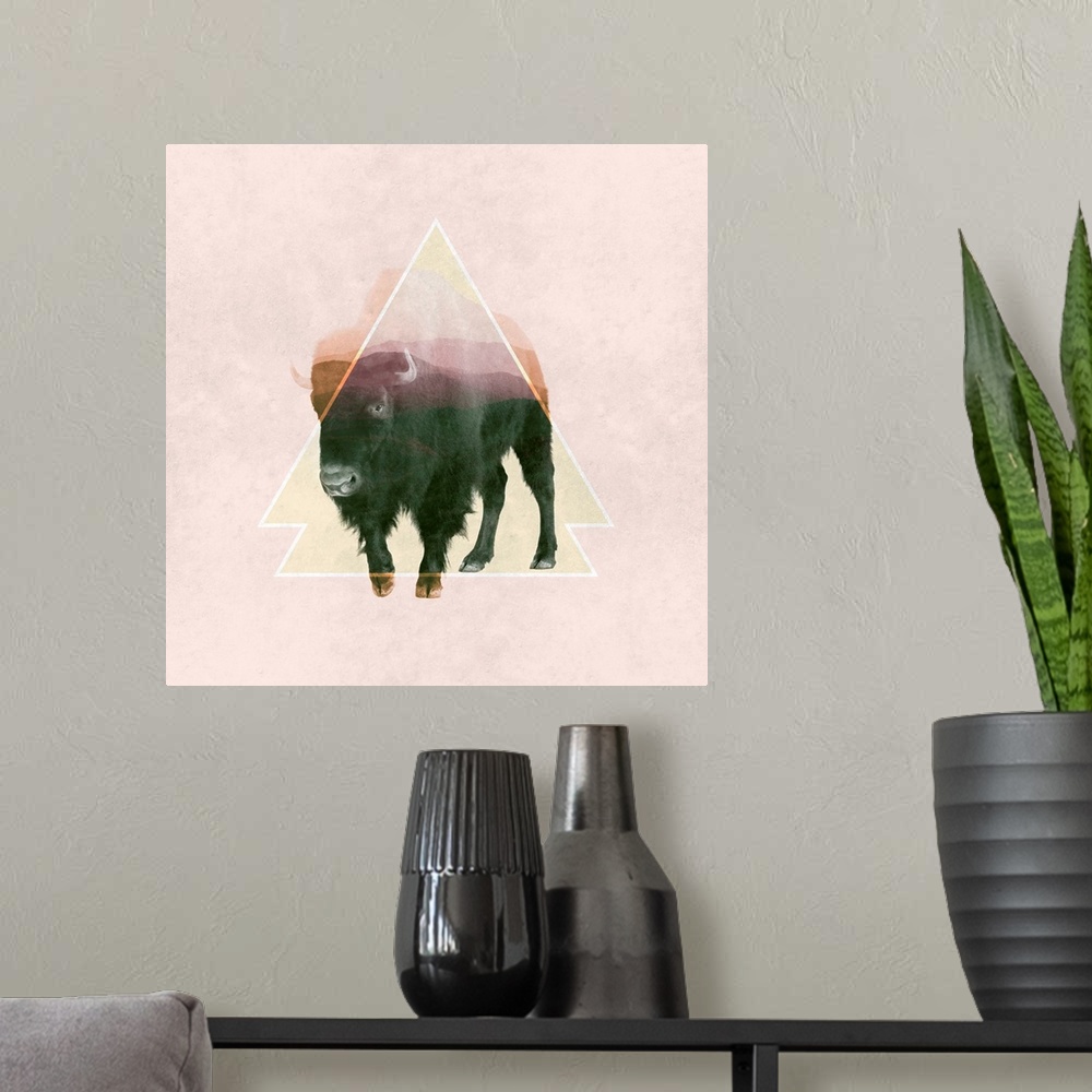 A modern room featuring Double exposure artwork of a large bison and triangular shapes.