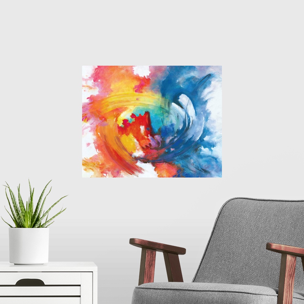 A modern room featuring Contemporary abstract painting in vivid rainbow colors, swirling in the center.