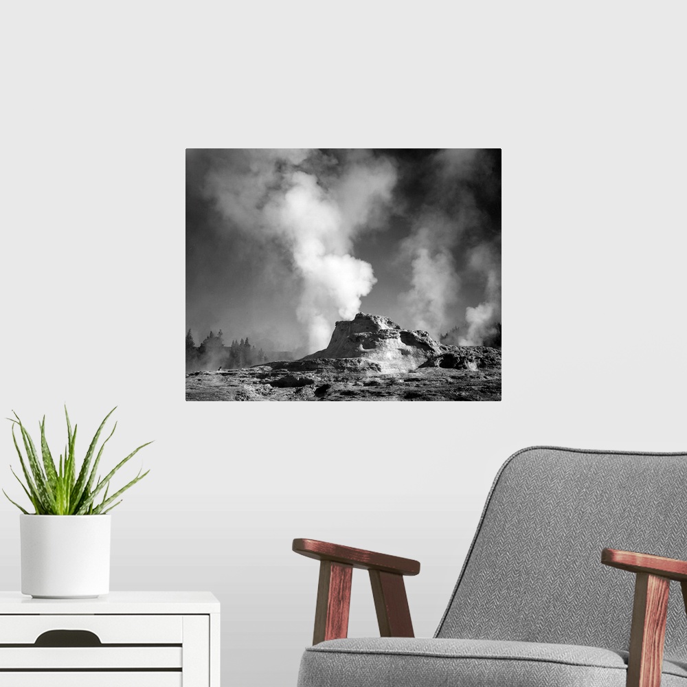 A modern room featuring Castle Geyser Coye, Yellowstone National Park.