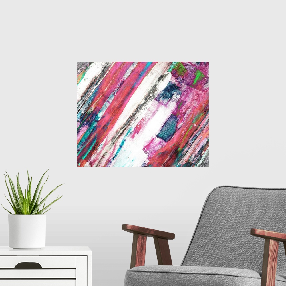 A modern room featuring Contemporary abstract of bold angled brush strokes in tones of pink, blue and gray.