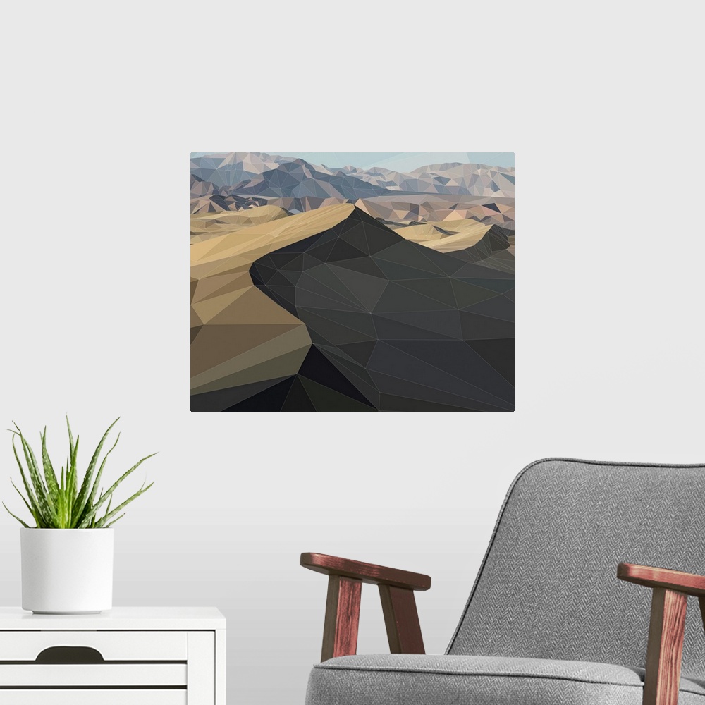 A modern room featuring Dunes in Death Valley, California, rendered in a low-polygon style.