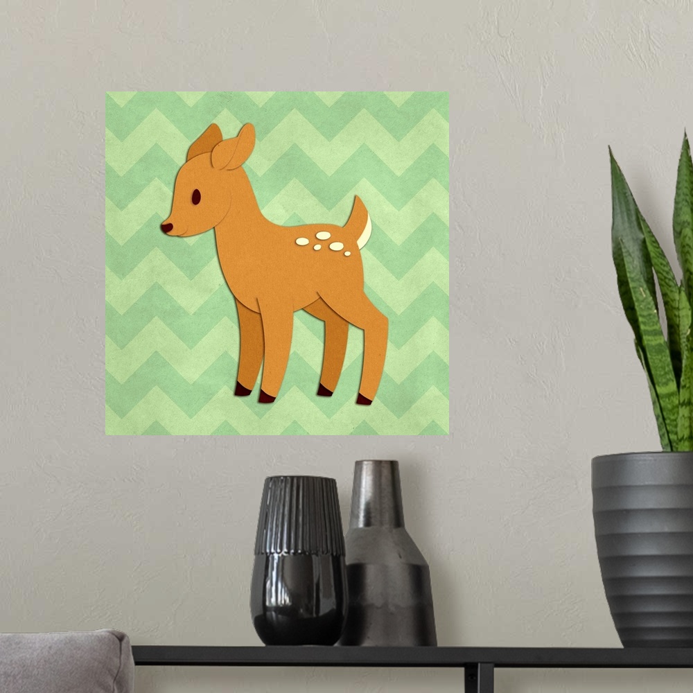 A modern room featuring A cute fawn with the appearance of cutout paper on a light green chevron-patterned background.