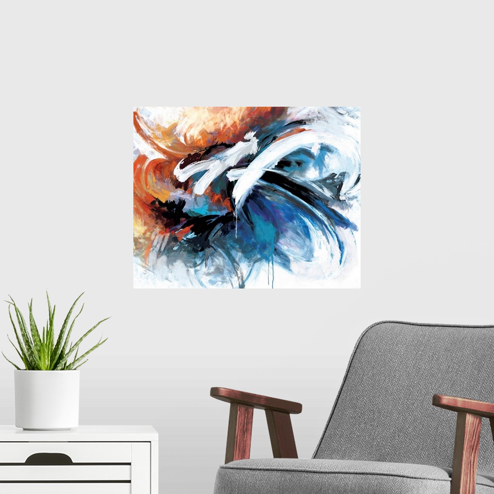 A modern room featuring A contemporary abstract painting using tones of blue red and orange in a cloud-like formation of ...
