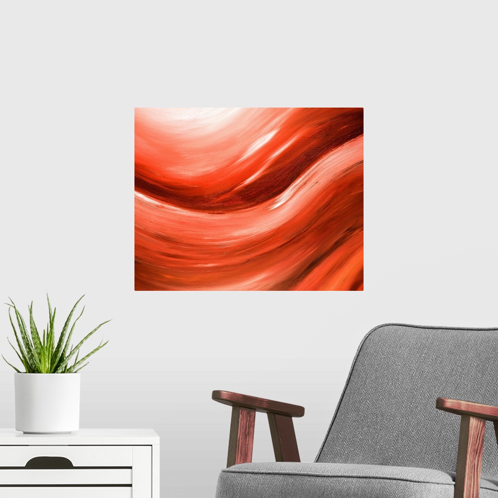 A modern room featuring Horizontal contemporary painting in shades of orange, giving the impression of rolling waves.