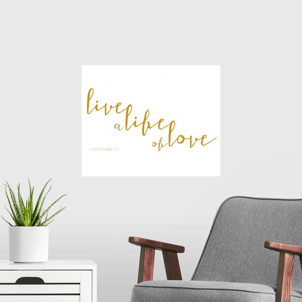 A modern room featuring Handlettered Bible verse reading Be patient; be gentle; be humble; be loving.