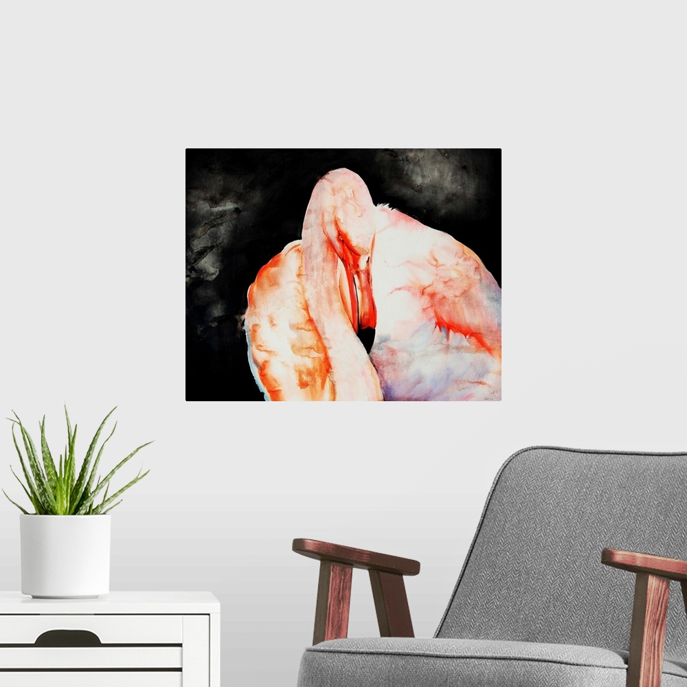 A modern room featuring Portrait of a flamingo in front of a black background.