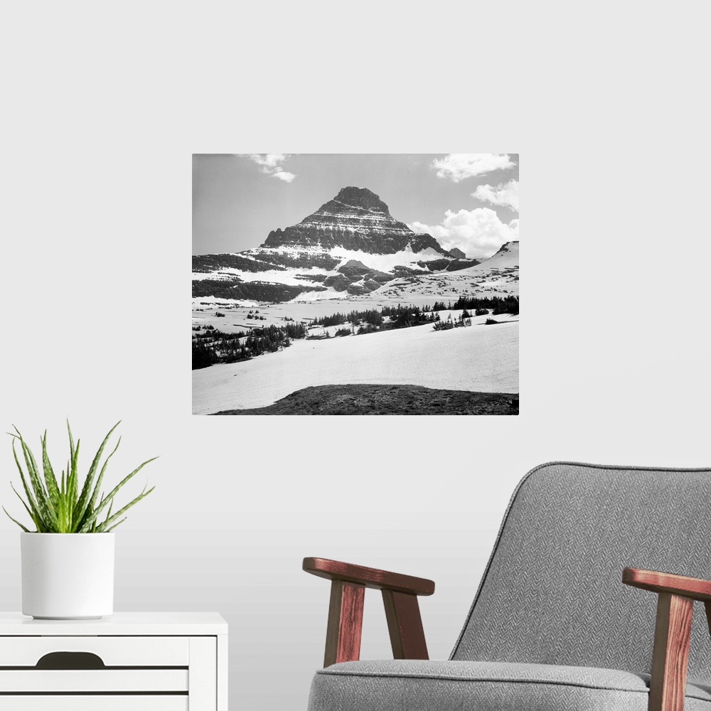 A modern room featuring From Logan Pass, Glacier National Park, looking across barren land to mountains.