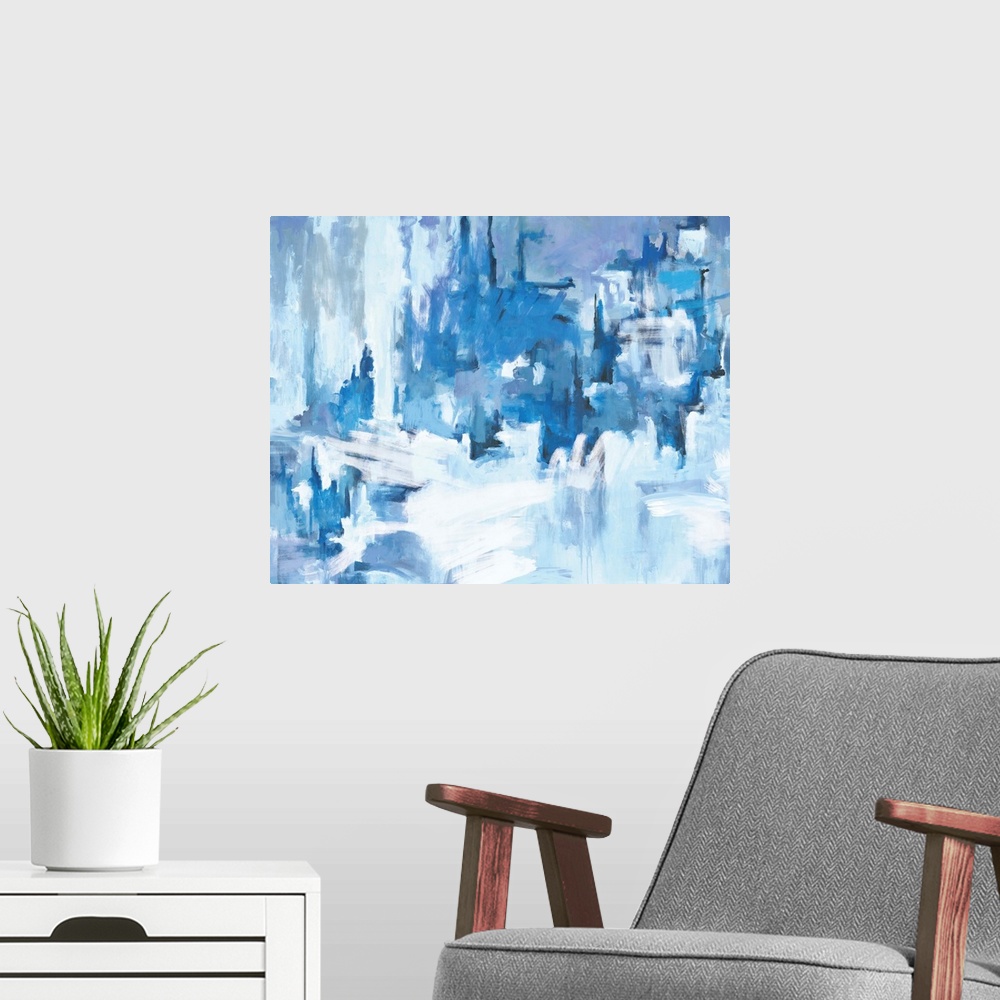A modern room featuring A contemporary abstract painting using multiple tones of blue creating a sort of icy landscape.