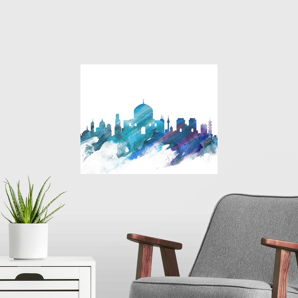 A modern room featuring Contemporary watercolor skyline of Jerusalem in blue and purple tones.