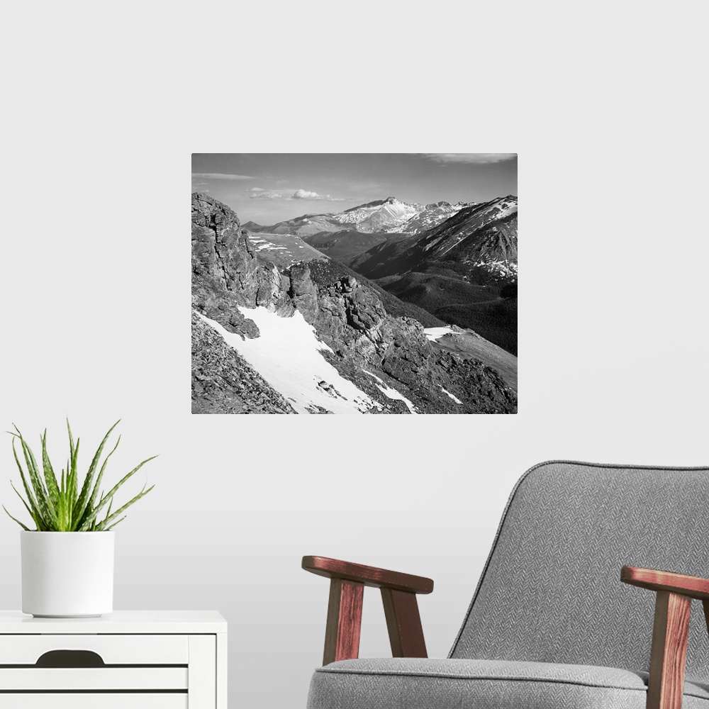 A modern room featuring Long's Peak, Rocky Mountain National Park, panorama of barren mountains with snow.
