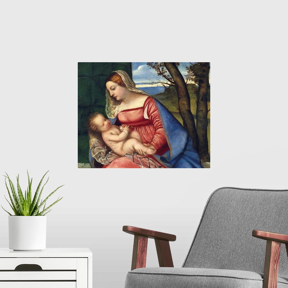 A modern room featuring This is among the earliest devotional paintings of the Madonna and Child by Titian, dating to abo...