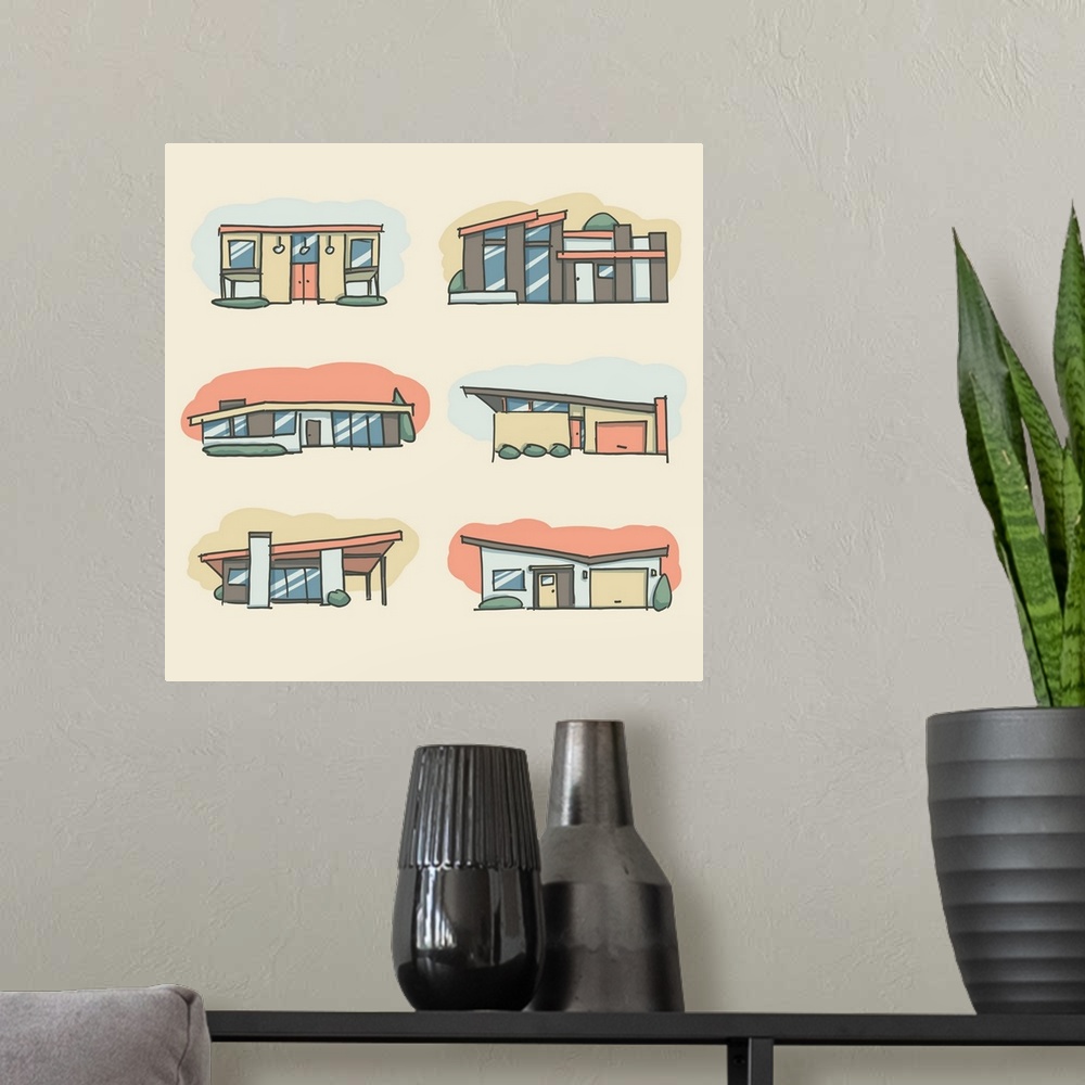 A modern room featuring Illustration of a group of houses in a retro style.