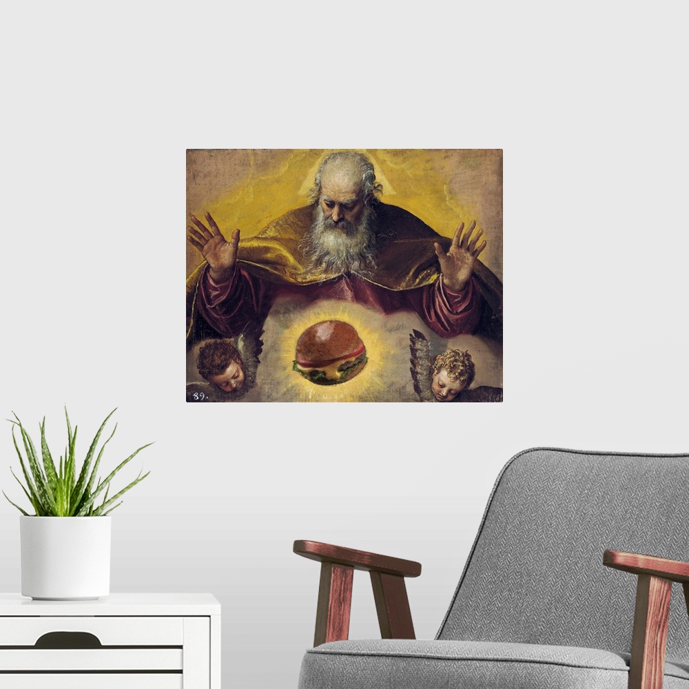A modern room featuring A Modern version of The Eternal Father by Veronese, with a hamburger.