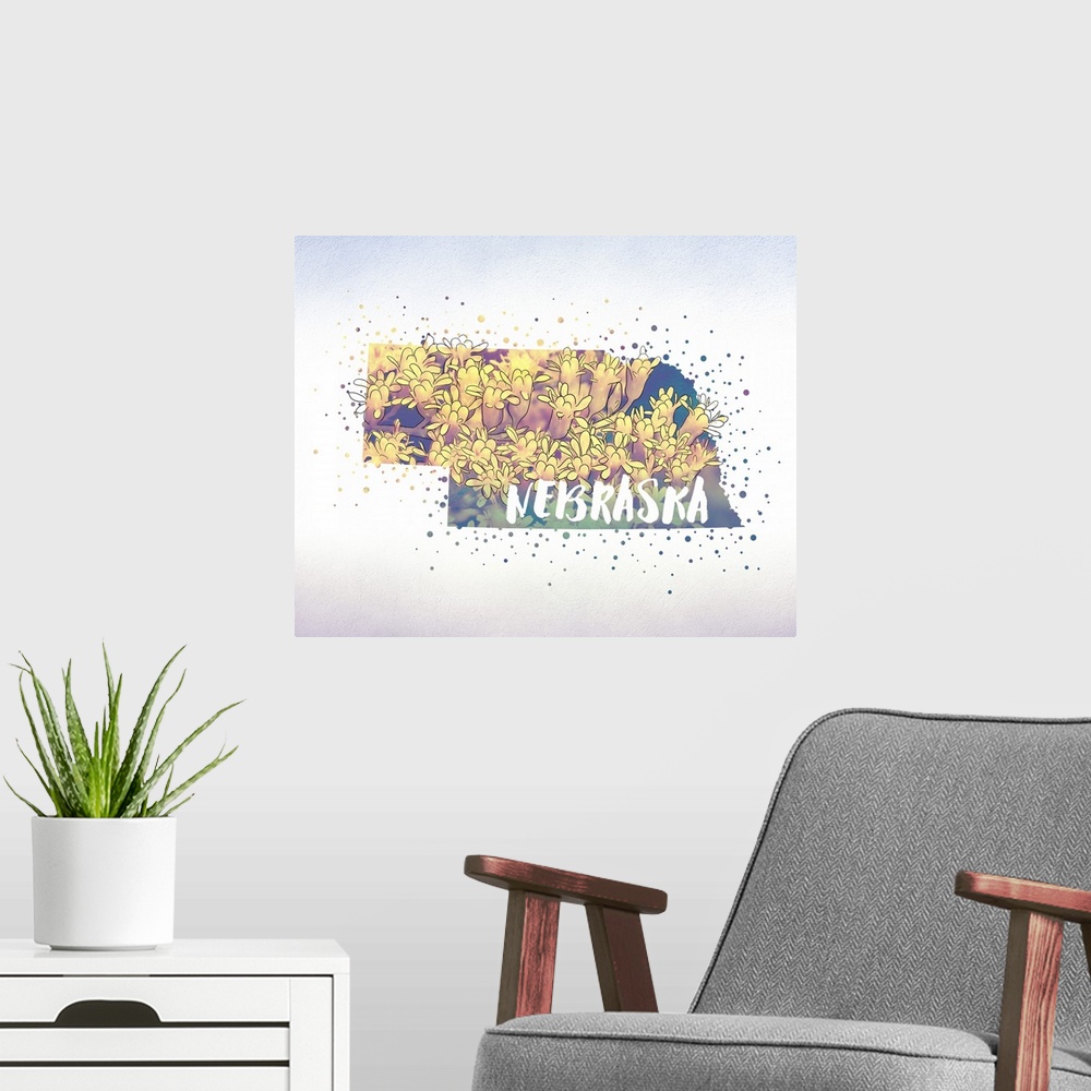 A modern room featuring Outline of the state of Nebraska filled with its state flower, the Goldenrod.