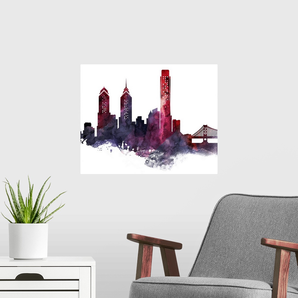 A modern room featuring The Philadelphia city skyline in colorful watercolor splashes.