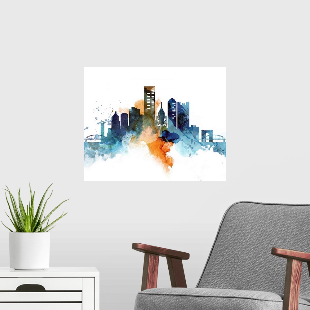 A modern room featuring The Pittsburgh city skyline in colorful watercolor splashes.