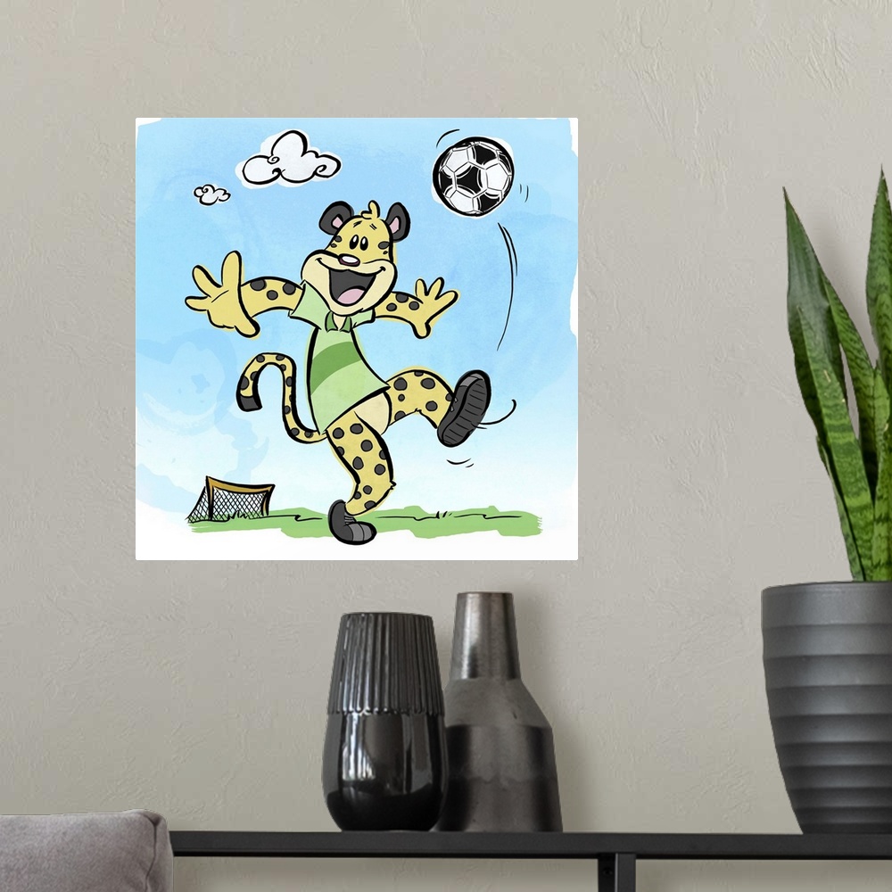 A modern room featuring Fun cartoon artwork of a spotted cheetah kicking a soccer ball into the air.