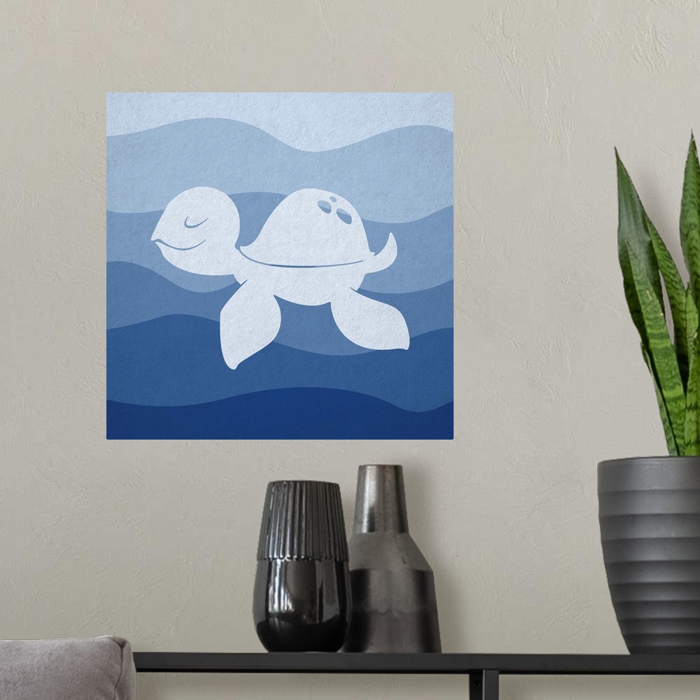 A modern room featuring Nursery art of a sea turtle swimming in blue waves.