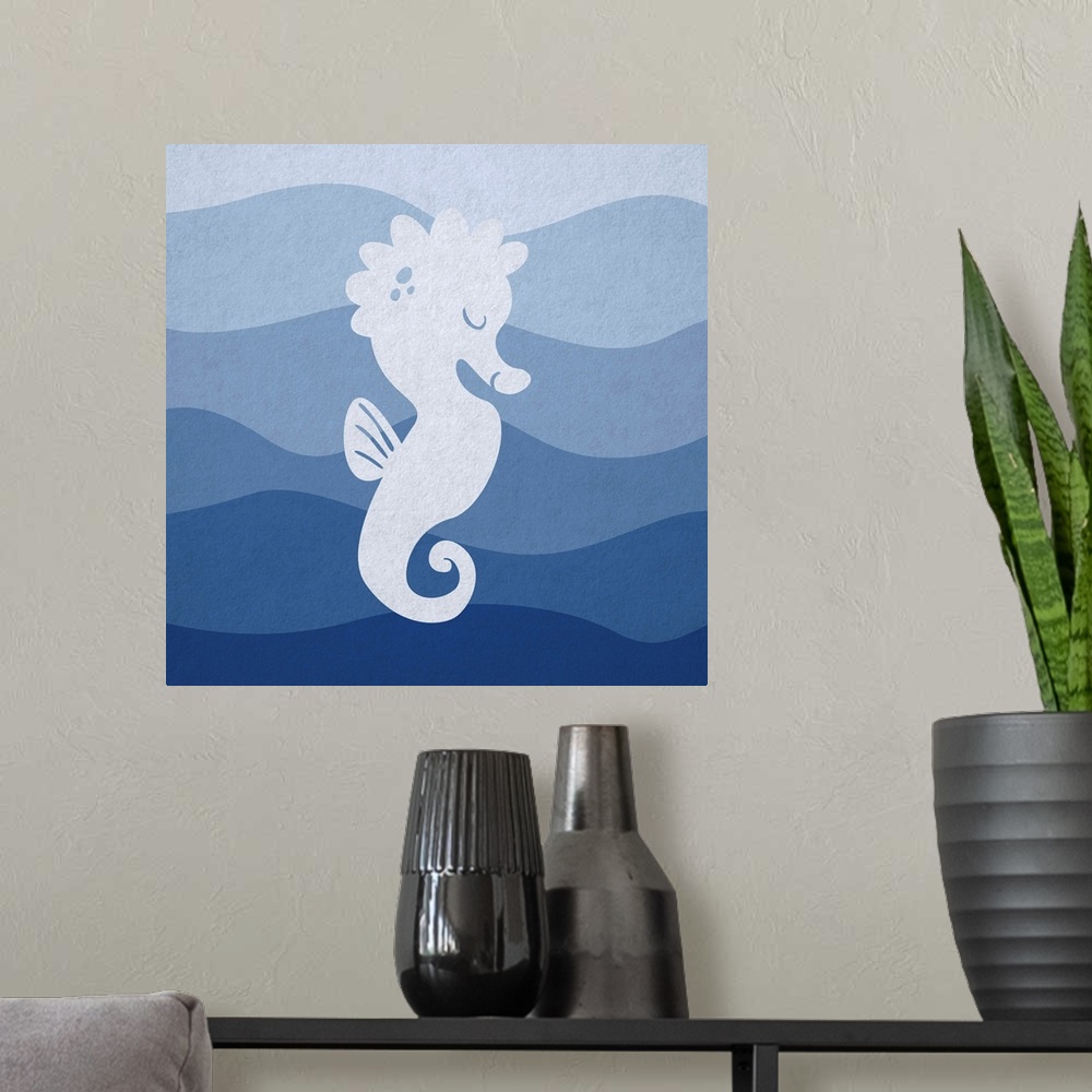 A modern room featuring Nursery art of a seahorse swimming in blue waves.