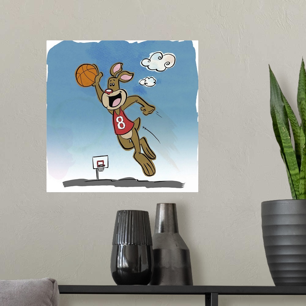 A modern room featuring Fun cartoon artwork of a kangaroo leaping into the air with a basketball.