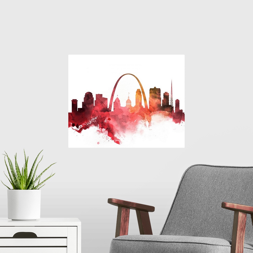 A modern room featuring The St. Louis city skyline in colorful watercolor splashes.