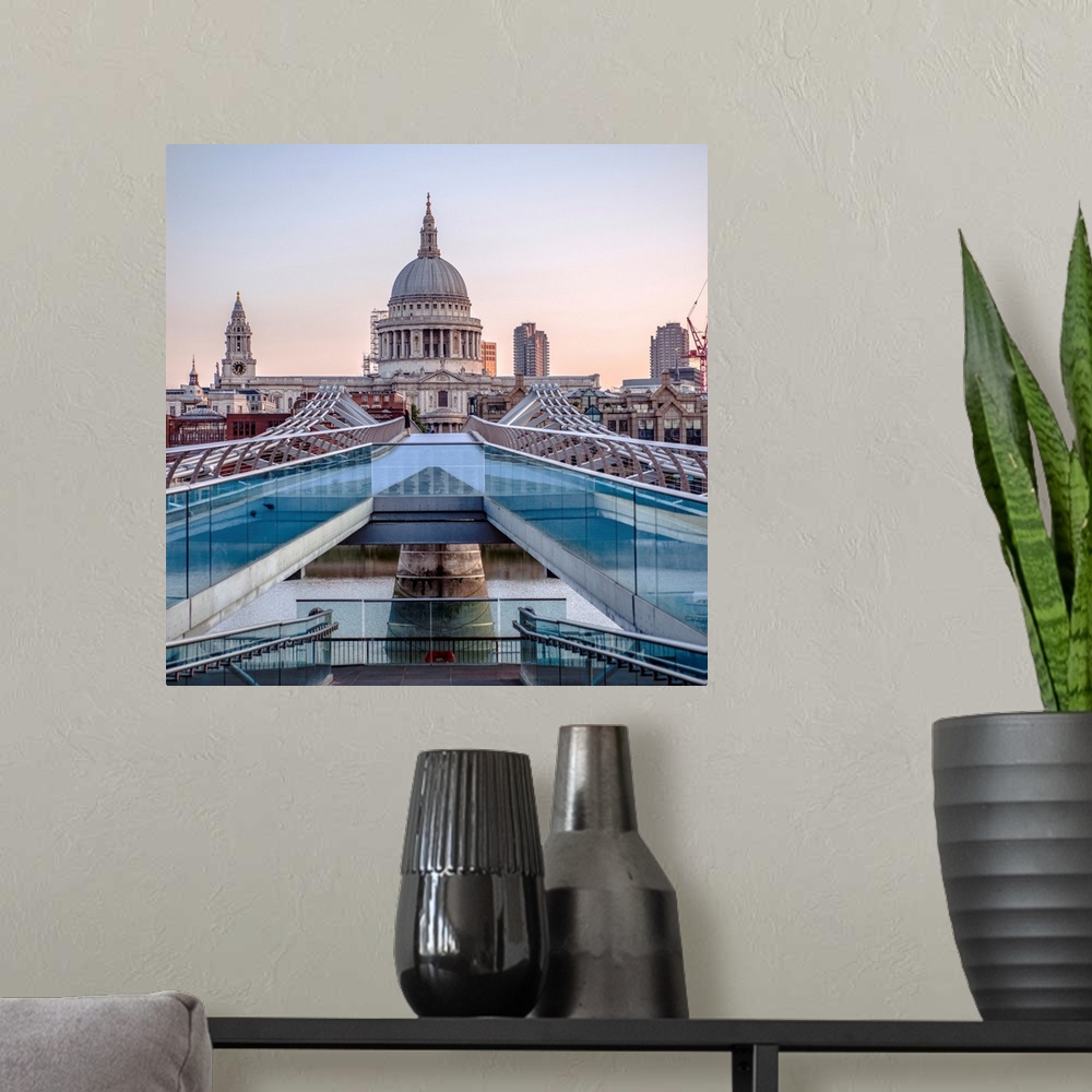 A modern room featuring View of St. Paul's Cathedral from Millennium Bridge in London, England.