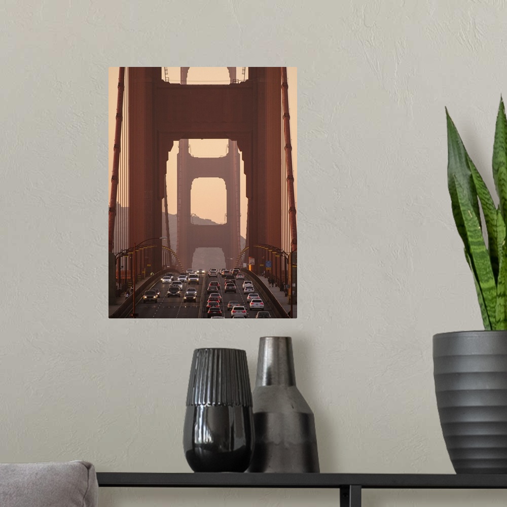 A modern room featuring Sunset photograph of traffic on the Golden Gate Bridge in San Francisco.