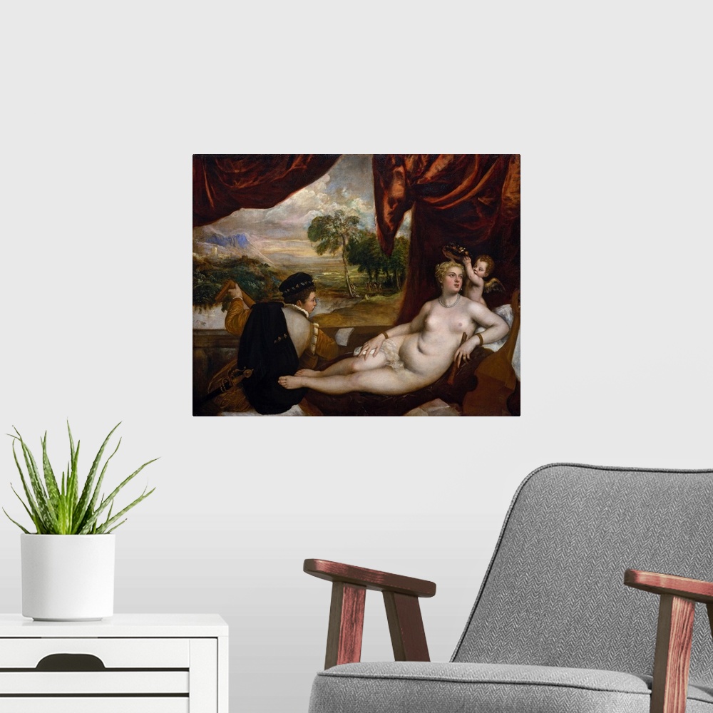 A modern room featuring Titian and his workshop treated the theme of Venus and a musician at various times during the lat...