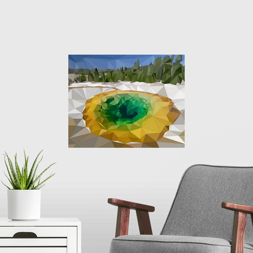 A modern room featuring A prismatic volcanic spring in Yellowstone National Park, Wyoming, rendered in a low-polygon style.