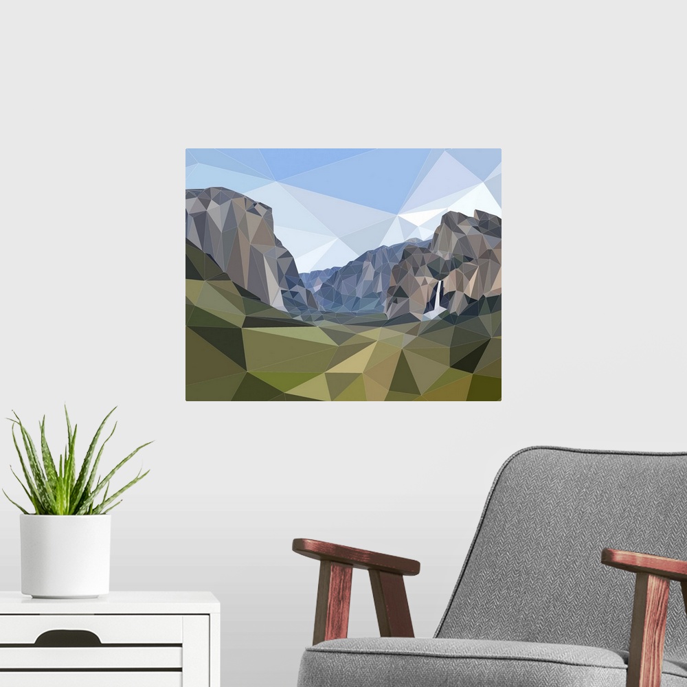 A modern room featuring Half Dome and Yosemite Falls in Yosemite National Park, California, rendered in a low-polygon style.