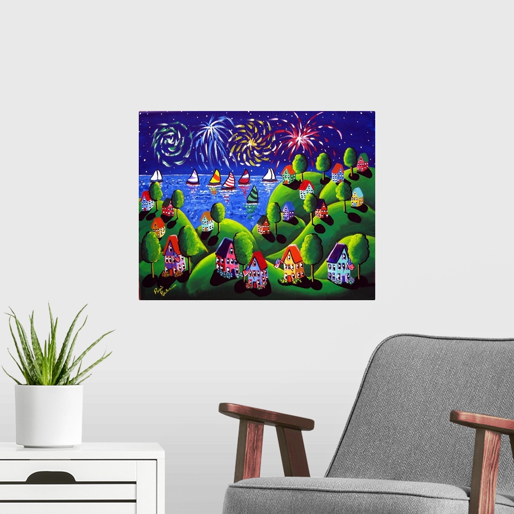 A modern room featuring Whimsical 4th of July scene with colorful fireworks.