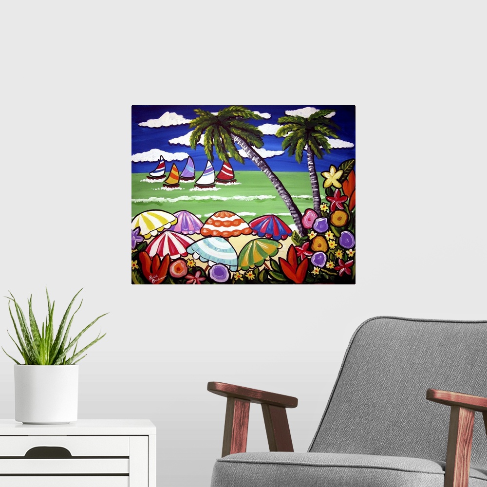 A modern room featuring Tropical beach scene with tons of color. Tropical flowers and palm trees frame sailboats which ar...