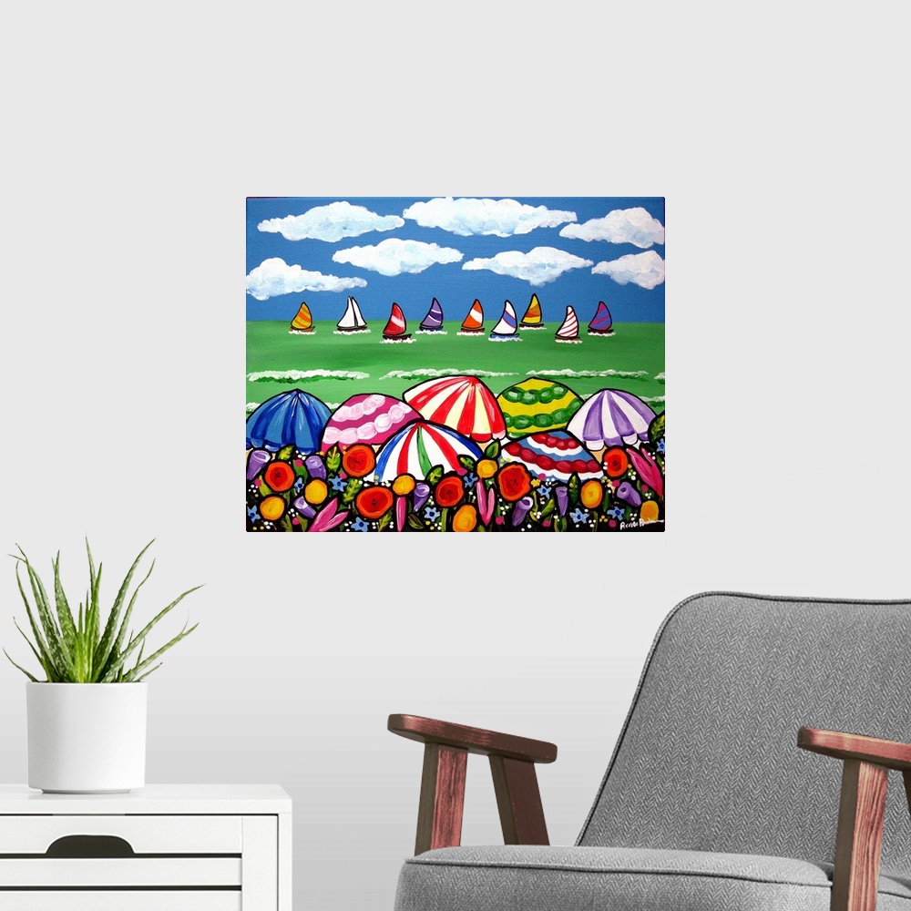 A modern room featuring Wildflowers, colorful beach umbrellas, and sailboats in the ocean on a beautiful day with vibrant...